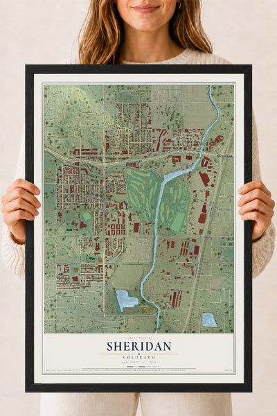 Map of Sheridan, Colorado, 18 x 24 inch print in a black wood frame