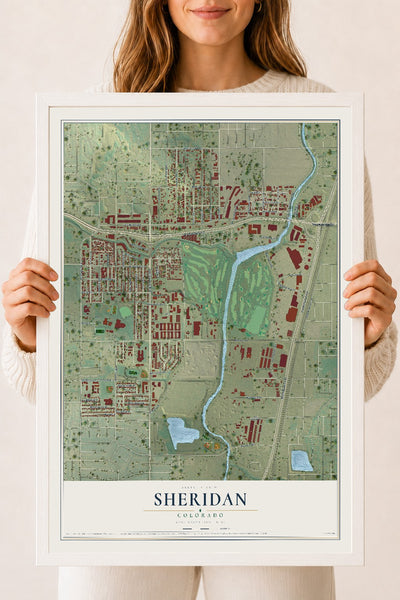 Map of Sheridan, Colorado, 18 x 24 inch print in a white wood frame