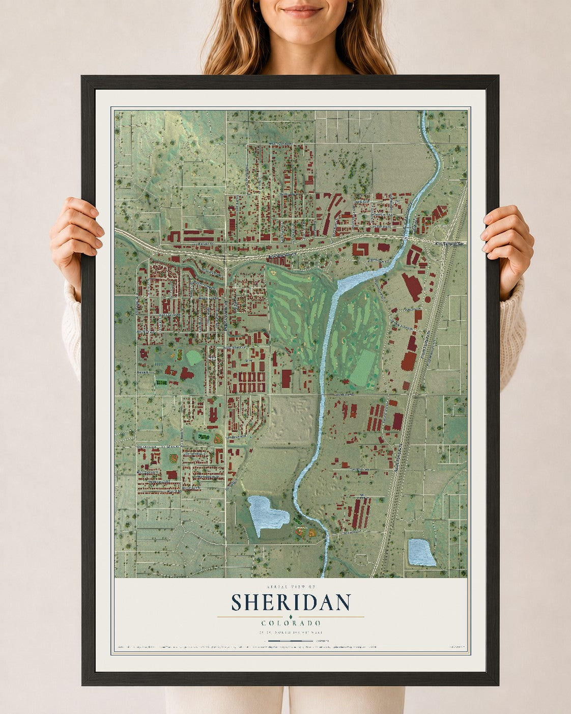 Map of Sheridan, Colorado, 24 x 36 inch print in a black wood frame