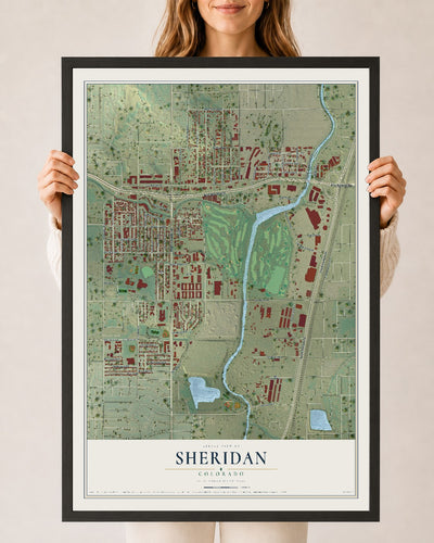 Map of Sheridan, Colorado, 24 x 36 inch print in a black wood frame