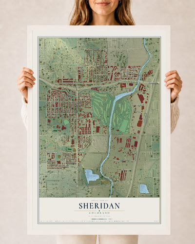Map of Sheridan, Colorado, 24 x 36 inch print in a white wood frame