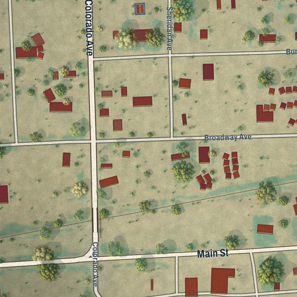 Close-up of the map of Sheridan Lake, Colorado print showing street and building detail