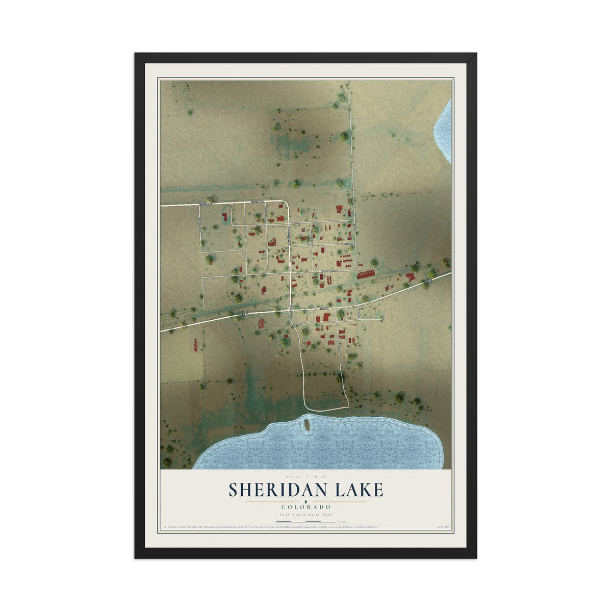 Map of Sheridan Lake, Colorado, 12 x 18 inch print in a black wood frame