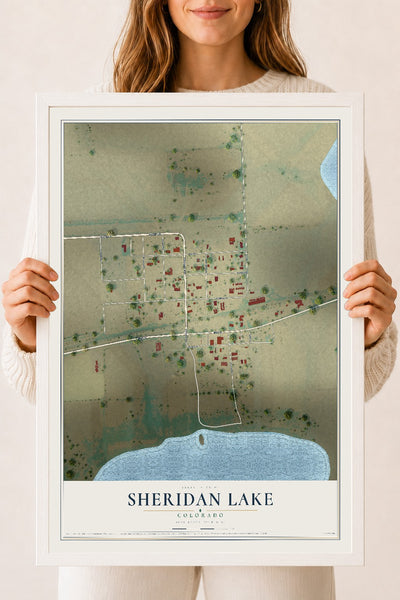 Map of Sheridan Lake, Colorado, 18 x 24 inch print in a white wood frame