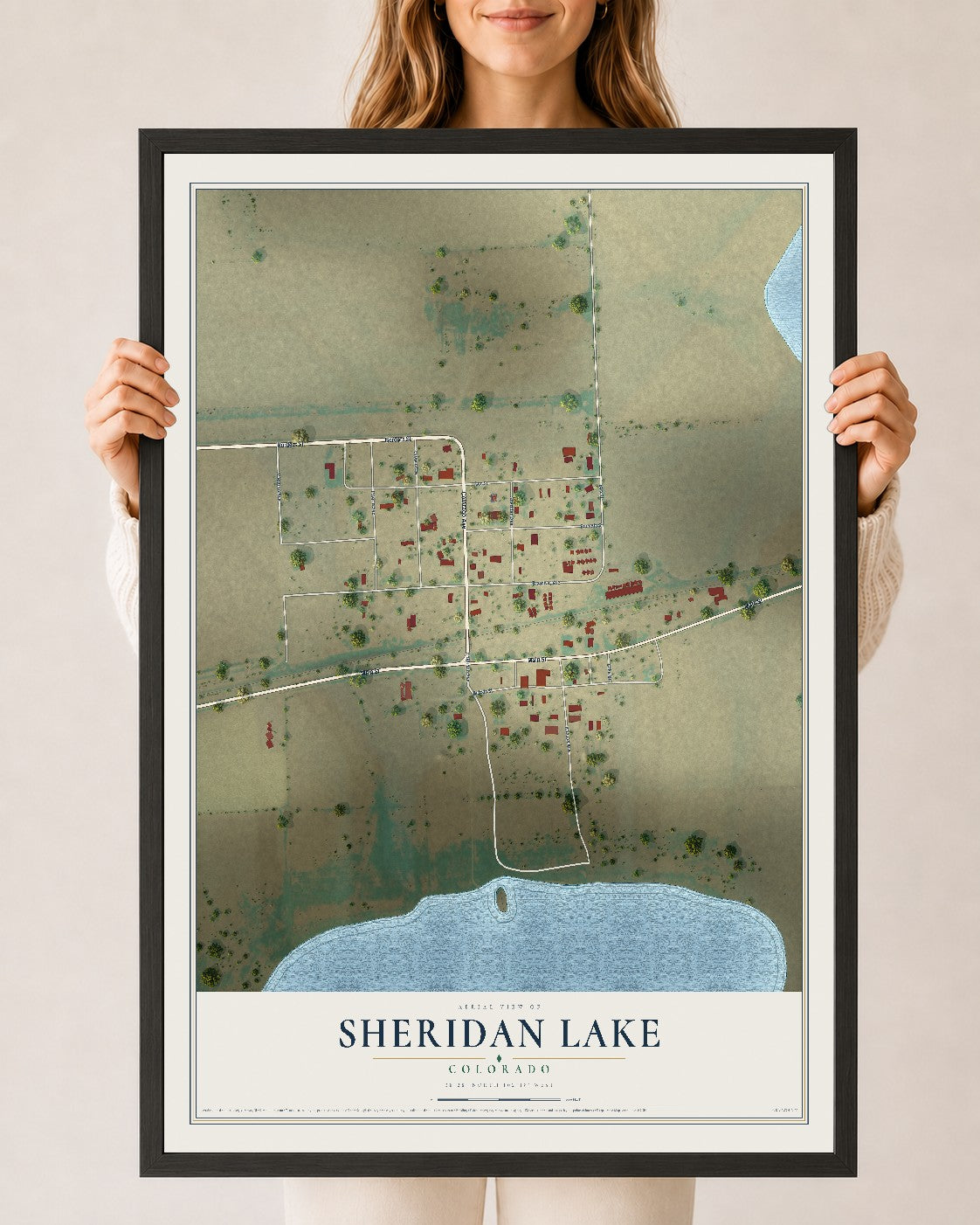 Map of Sheridan Lake, Colorado, 24 x 36 inch print in a black wood frame