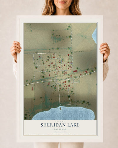 Map of Sheridan Lake, Colorado, 24 x 36 inch print in a white wood frame