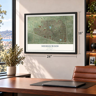 Sherrelwood, Colorado map, 18 x 24 inch print in a black frame in a home office