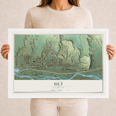 Map of Silt, Colorado, 12 x 18 inch print in a white wood frame