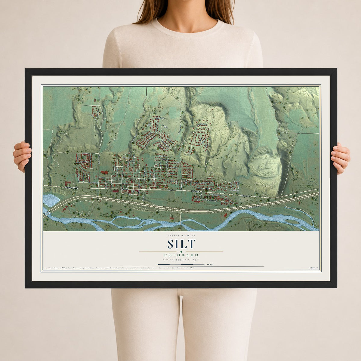 Map of Silt, Colorado, 24 x 36 inch print in a black wood frame
