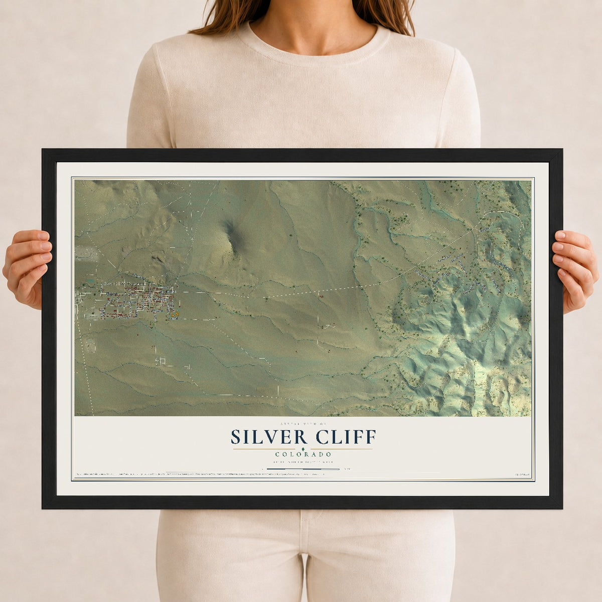 Map of Silver Cliff, Colorado, 12 x 18 inch print in a black wood frame
