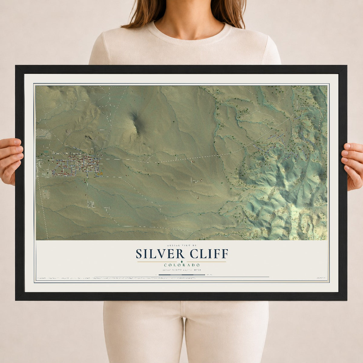 Map of Silver Cliff, Colorado, 18 x 24 inch print in a black wood frame