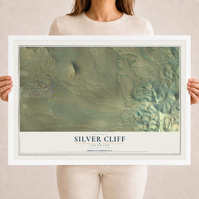 Map of Silver Cliff, Colorado, 18 x 24 inch print in a white wood frame