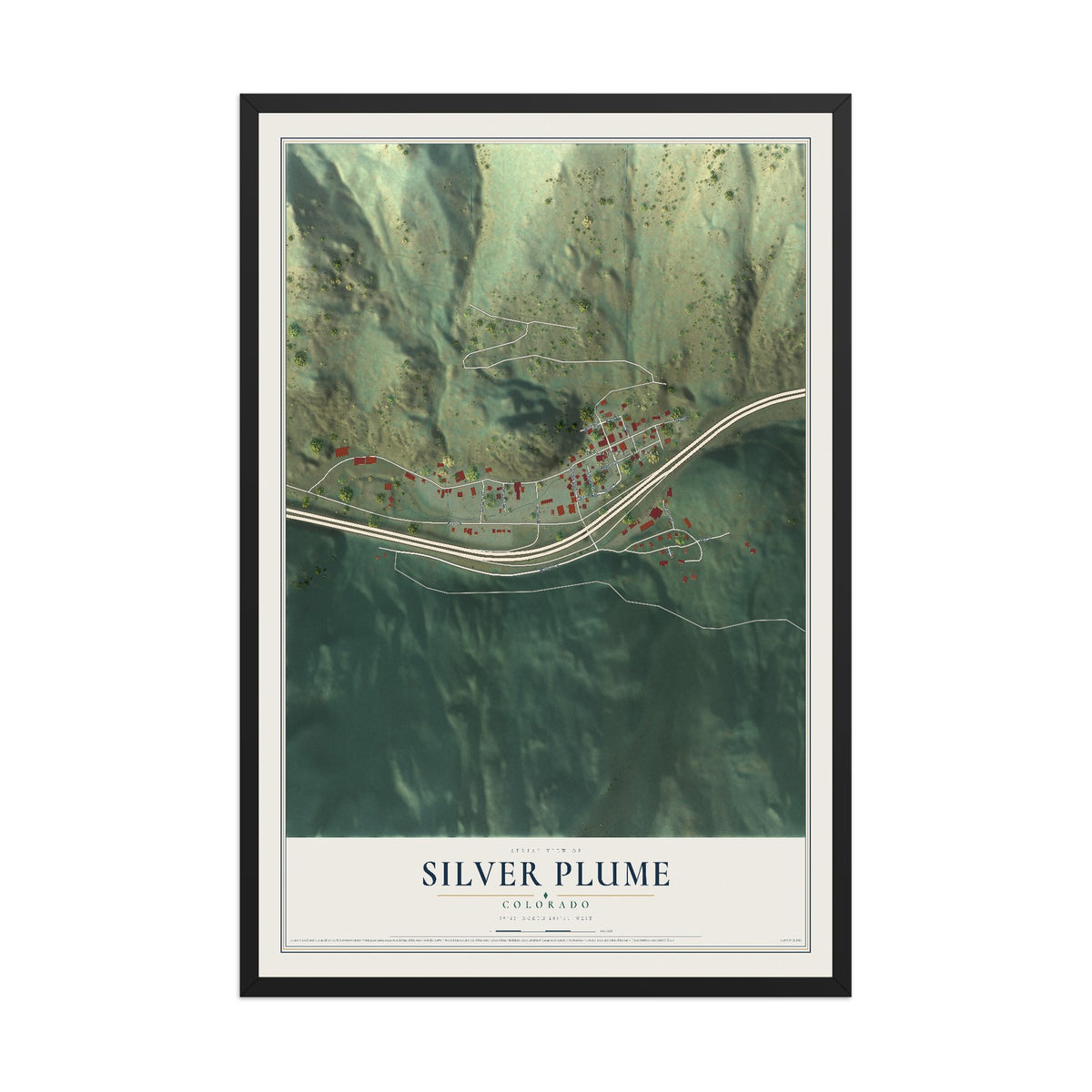 Map of Silver Plume, Colorado, 12 x 18 inch print in a black wood frame