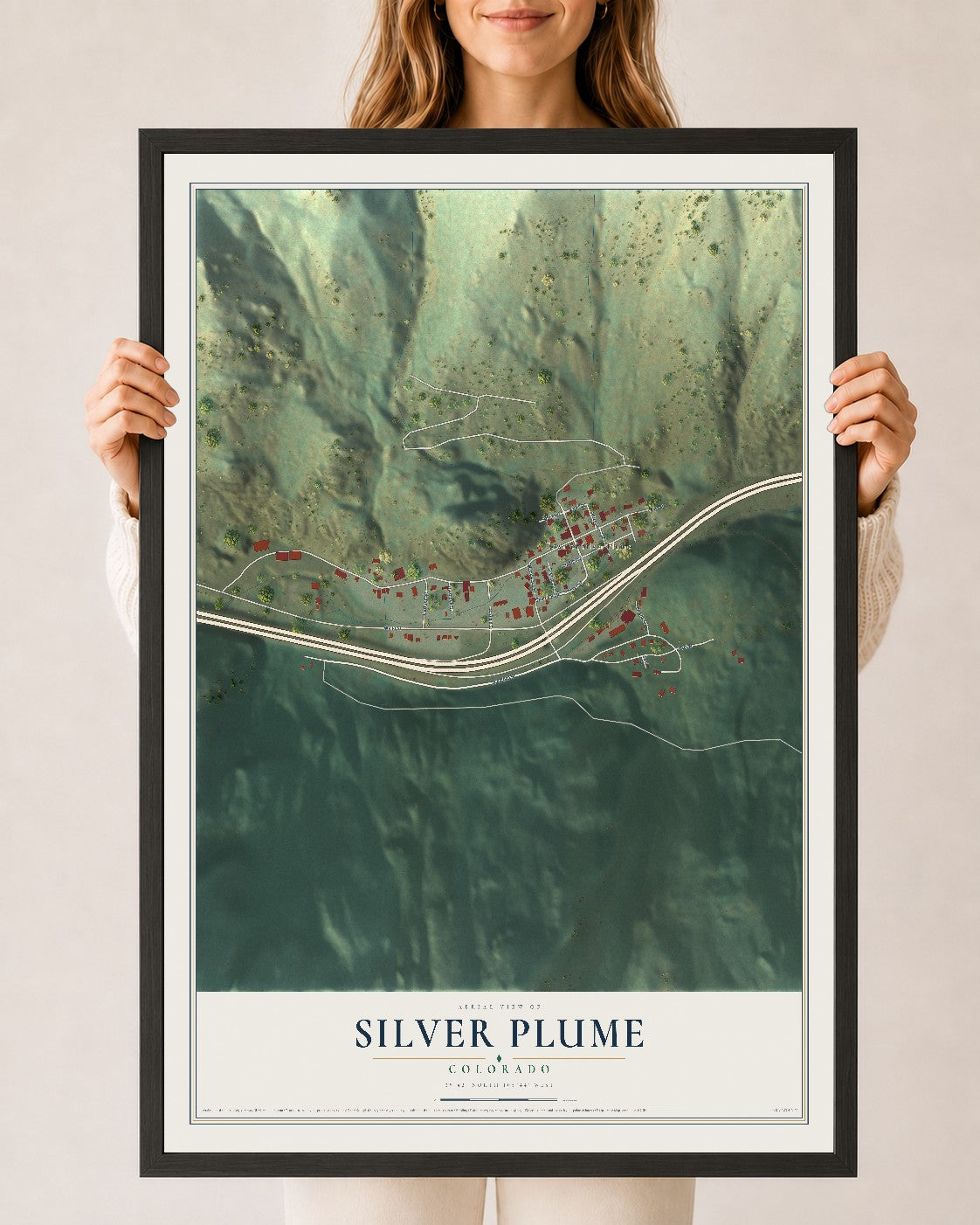 Map of Silver Plume, Colorado, 24 x 36 inch print in a black wood frame