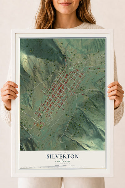Map of Silverton, Colorado, 18 x 24 inch print in a white wood frame