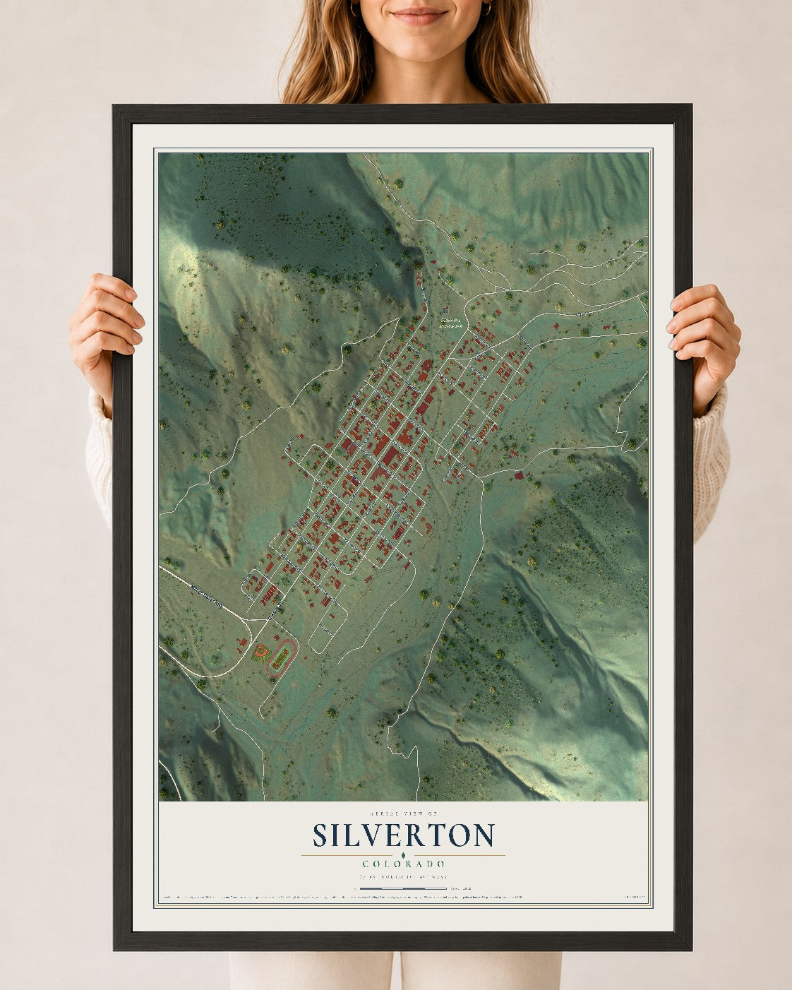 Map of Silverton, Colorado, 24 x 36 inch print in a black wood frame