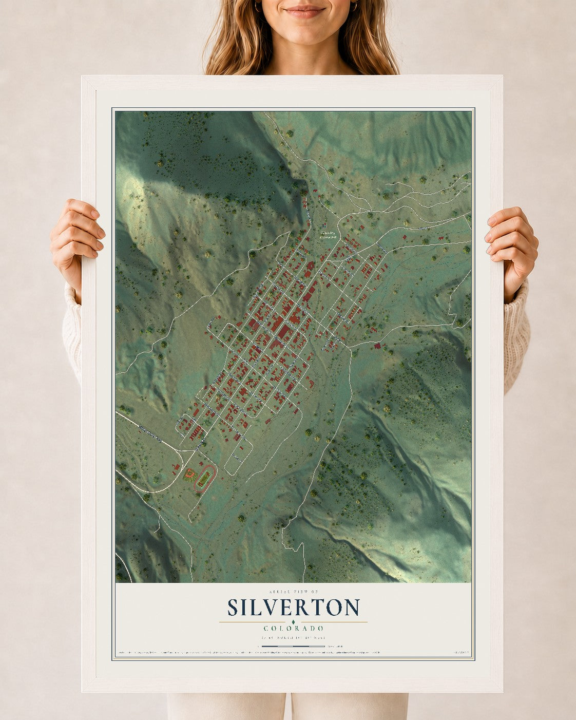 Map of Silverton, Colorado, 24 x 36 inch print in a white wood frame