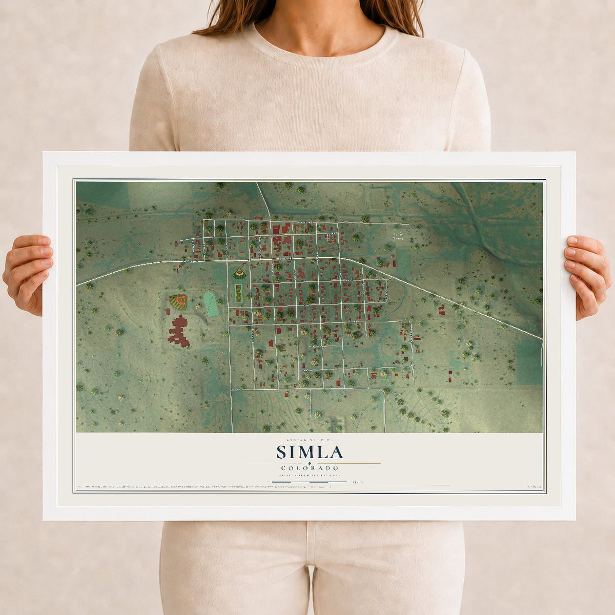 Map of Simla, Colorado, 12 x 18 inch print in a white wood frame