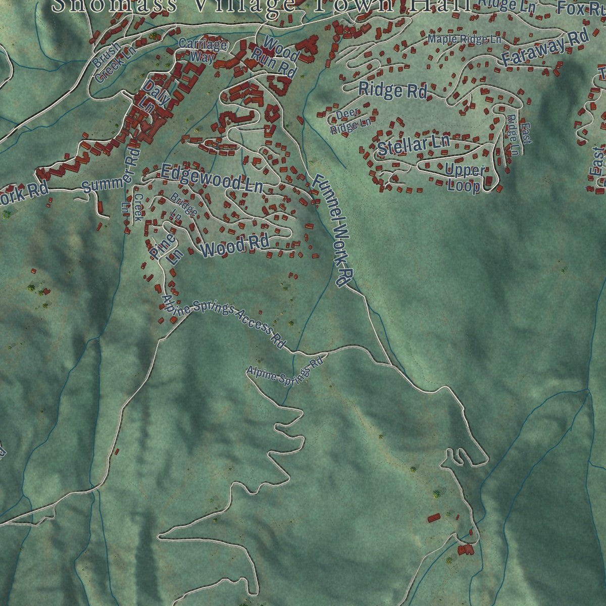 Second close-up of the map of Snowmass Village, Colorado print showing more streets and buildings