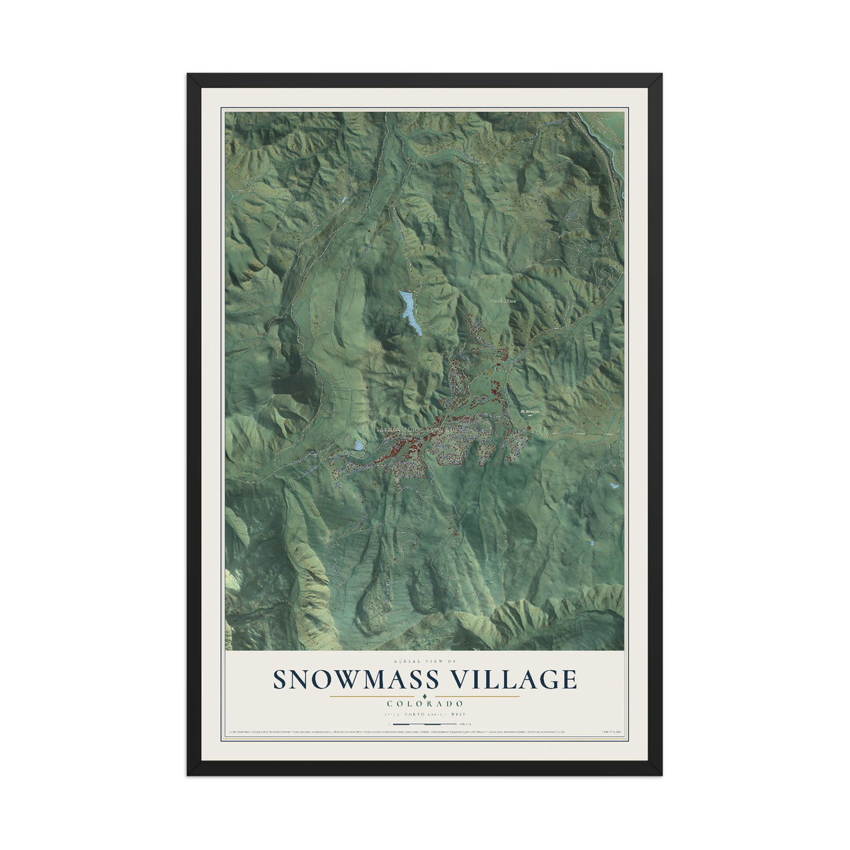 Map of Snowmass Village, Colorado, 12 x 18 inch print in a black wood frame