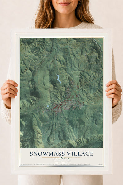 Map of Snowmass Village, Colorado, 18 x 24 inch print in a white wood frame