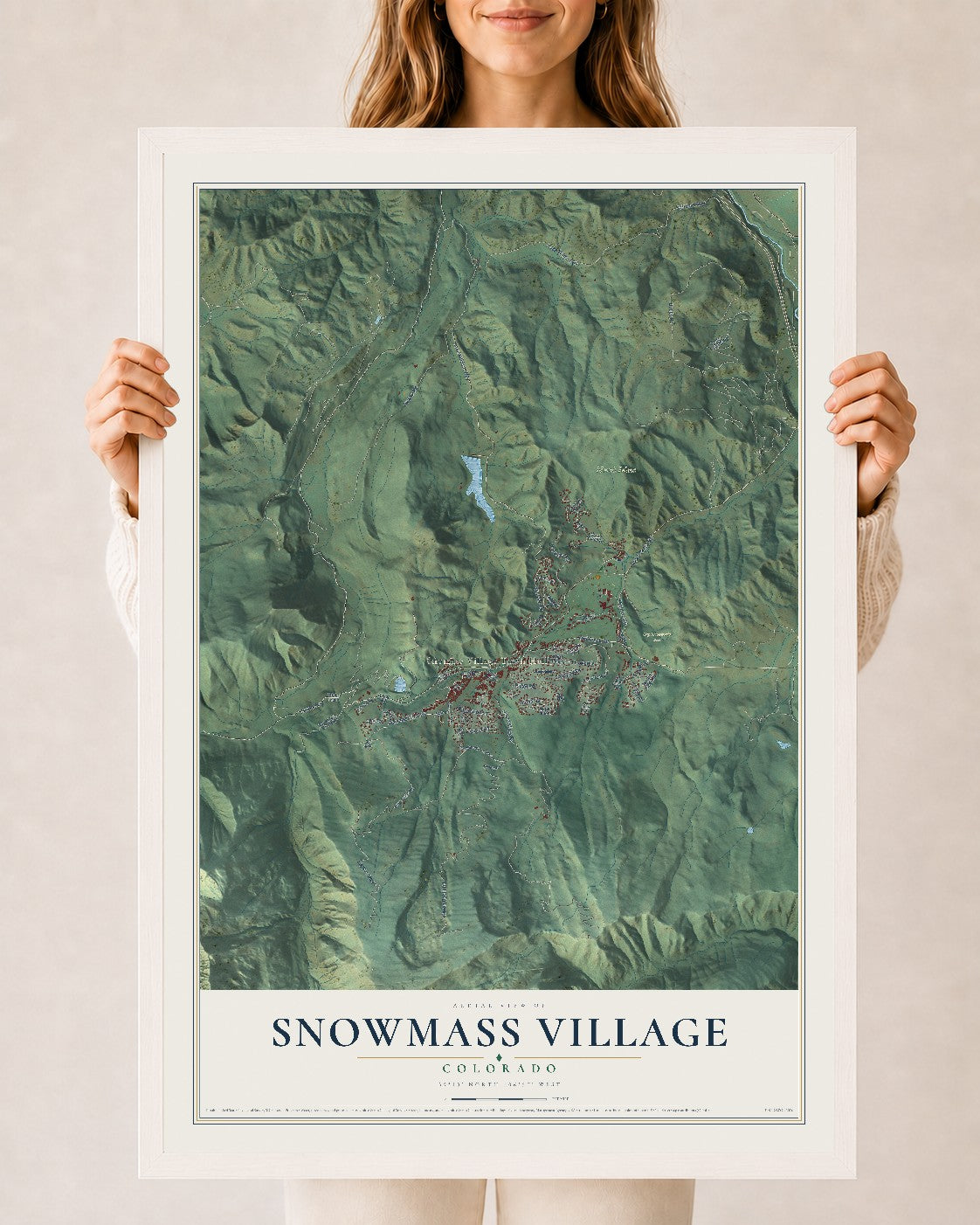 Map of Snowmass Village, Colorado, 24 x 36 inch print in a white wood frame