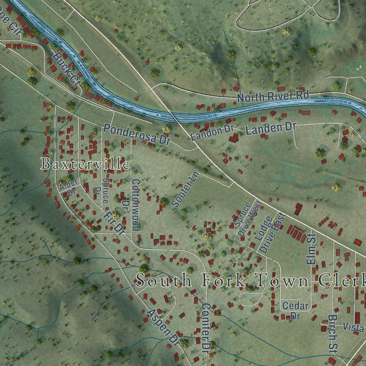 Close-up of the map of South Fork, Colorado print showing street and building detail