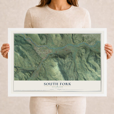 Map of South Fork, Colorado, 12 x 18 inch print in a white wood frame