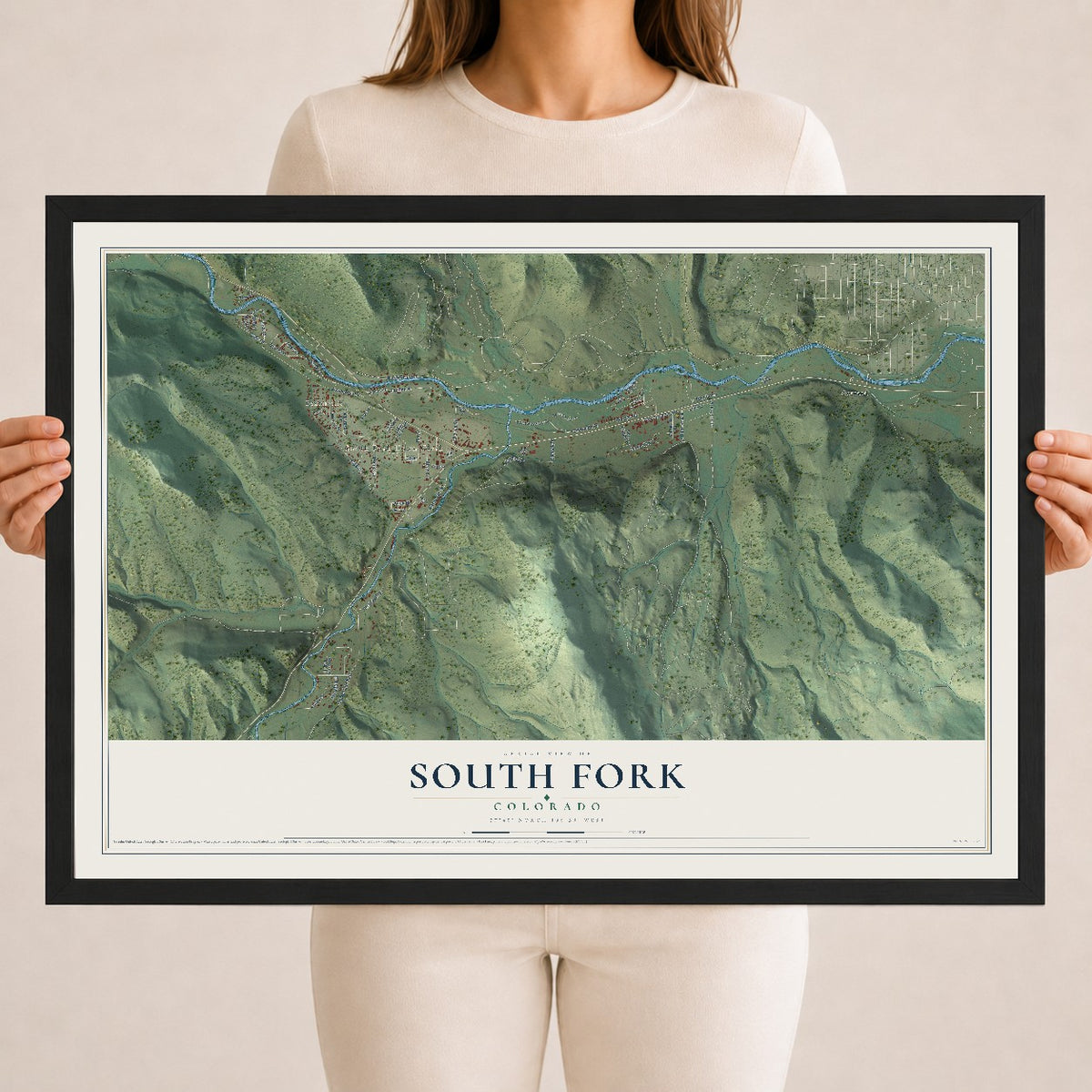 Map of South Fork, Colorado, 18 x 24 inch print in a black wood frame