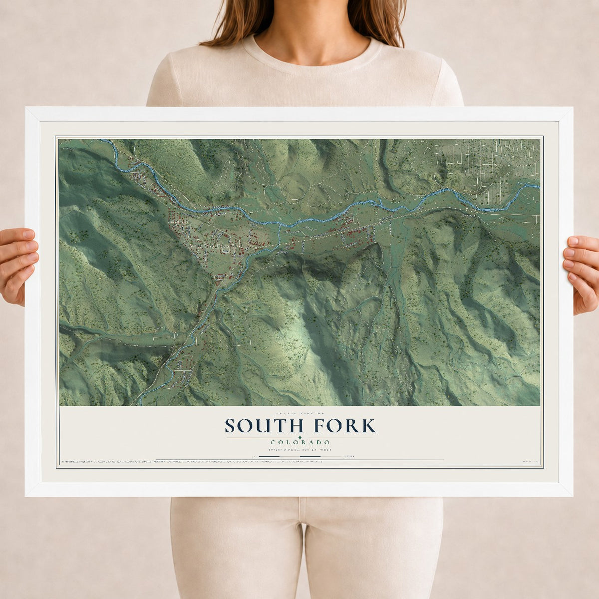 Map of South Fork, Colorado, 18 x 24 inch print in a white wood frame