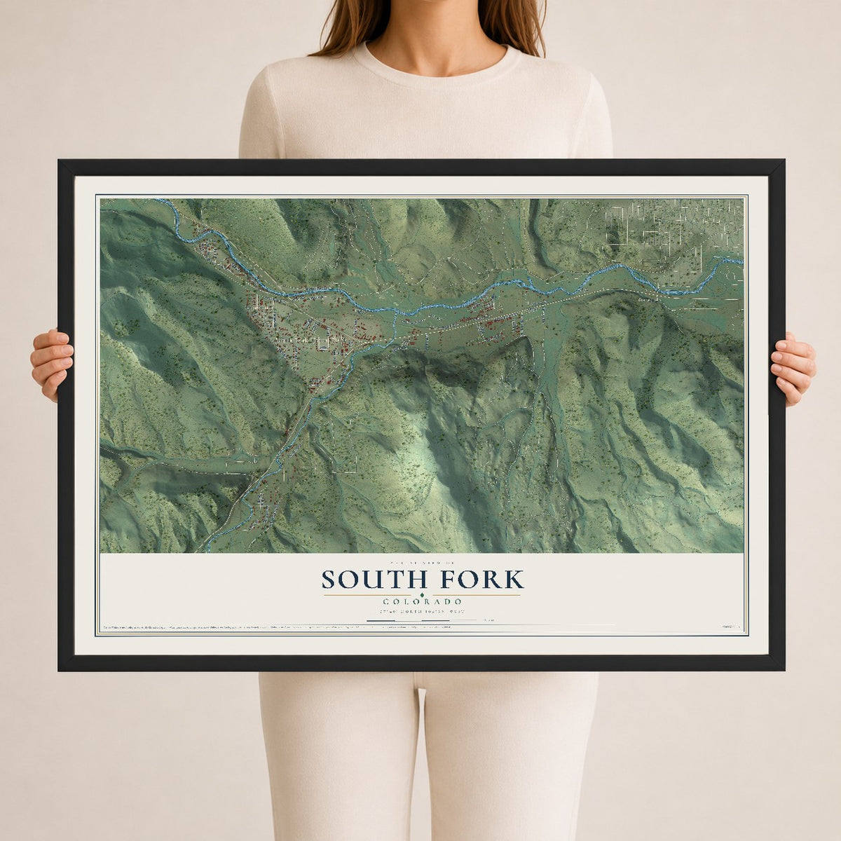 Map of South Fork, Colorado, 24 x 36 inch print in a black wood frame
