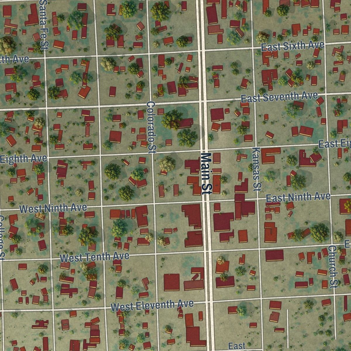 Close-up of the map of Springfield, Colorado print showing street and building detail