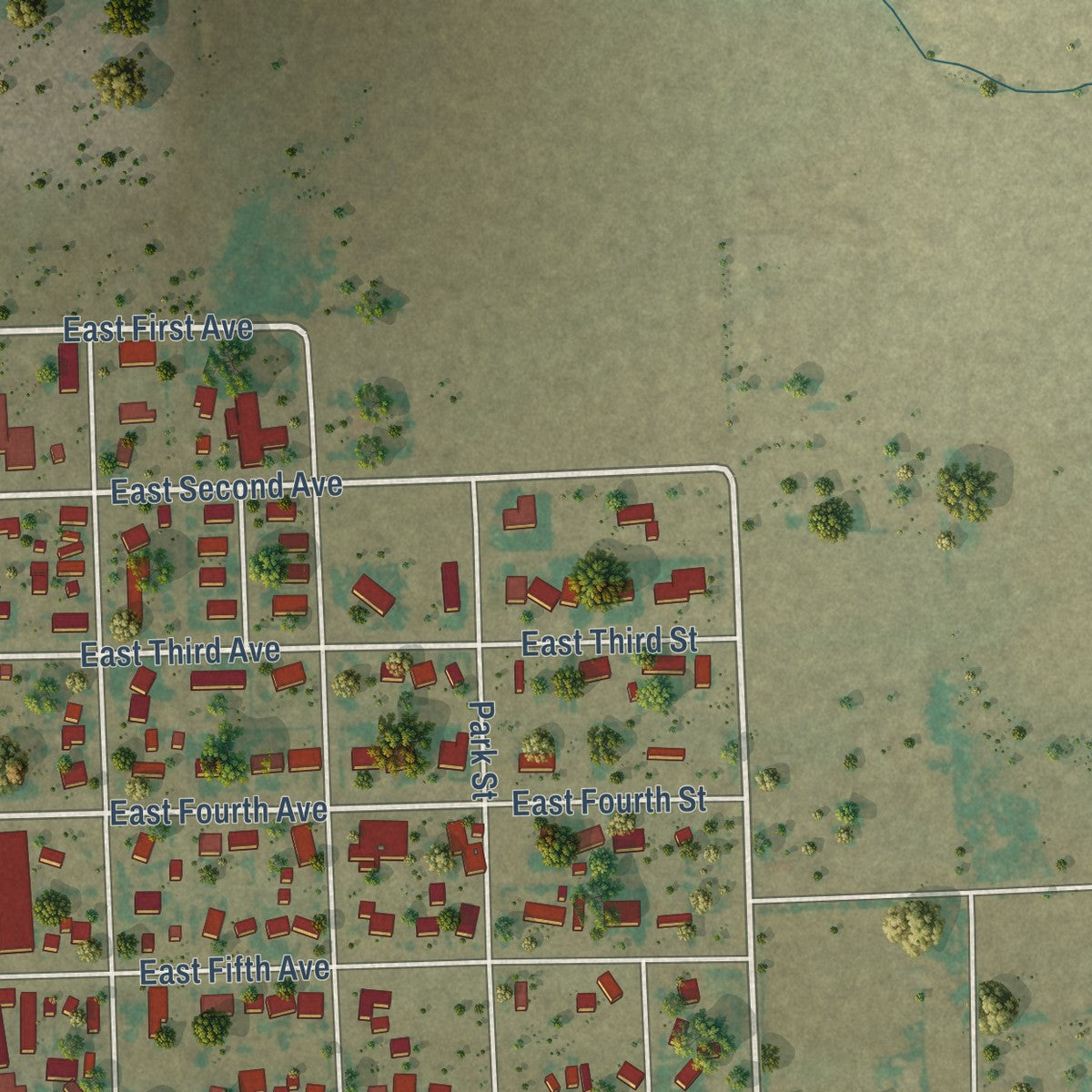Second close-up of the map of Springfield, Colorado print showing more streets and buildings