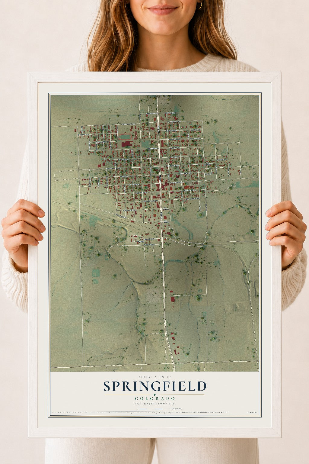 Map of Springfield, Colorado, 18 x 24 inch print in a white wood frame