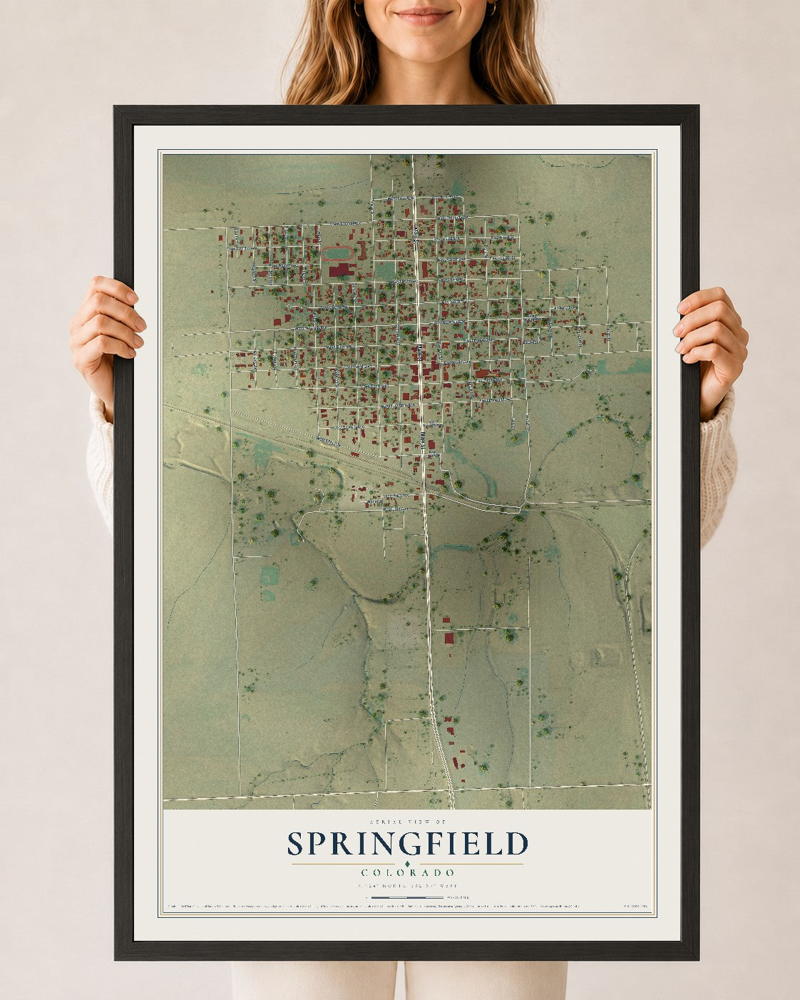 Map of Springfield, Colorado, 24 x 36 inch print in a black wood frame