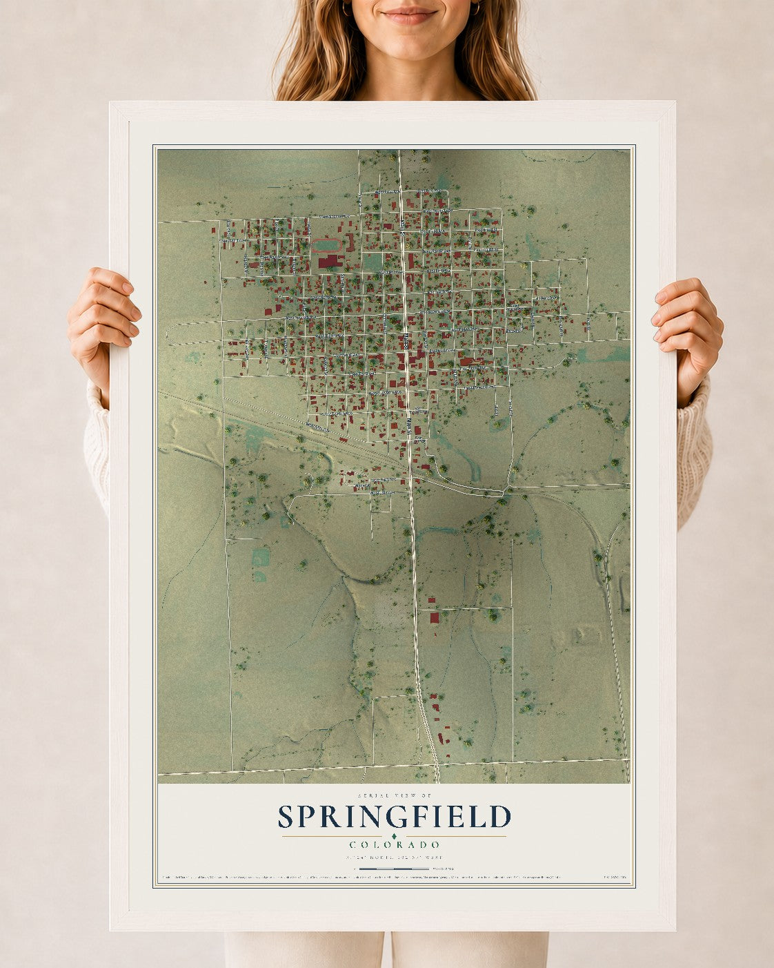 Map of Springfield, Colorado, 24 x 36 inch print in a white wood frame