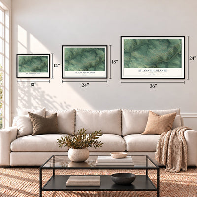 St. Ann Highlands, Colorado map in 12 x 18, 18 x 24 and 24 x 36 inch sizes above a sofa