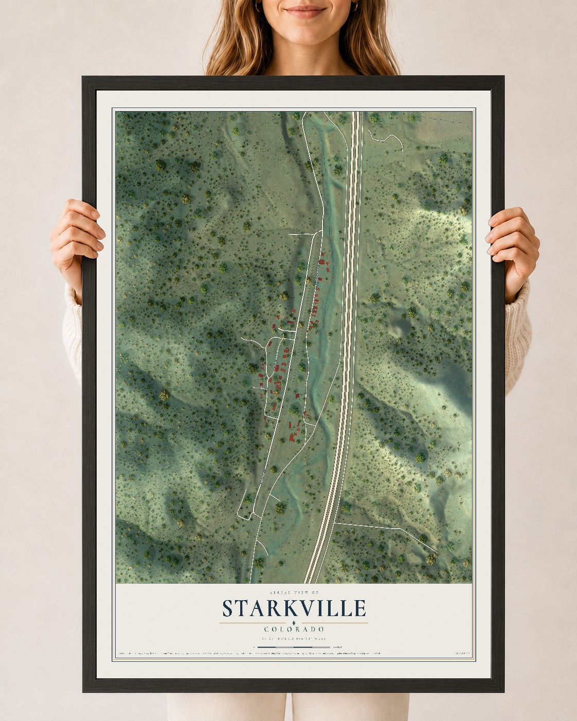 Map of Starkville, Colorado, 24 x 36 inch print in a black wood frame