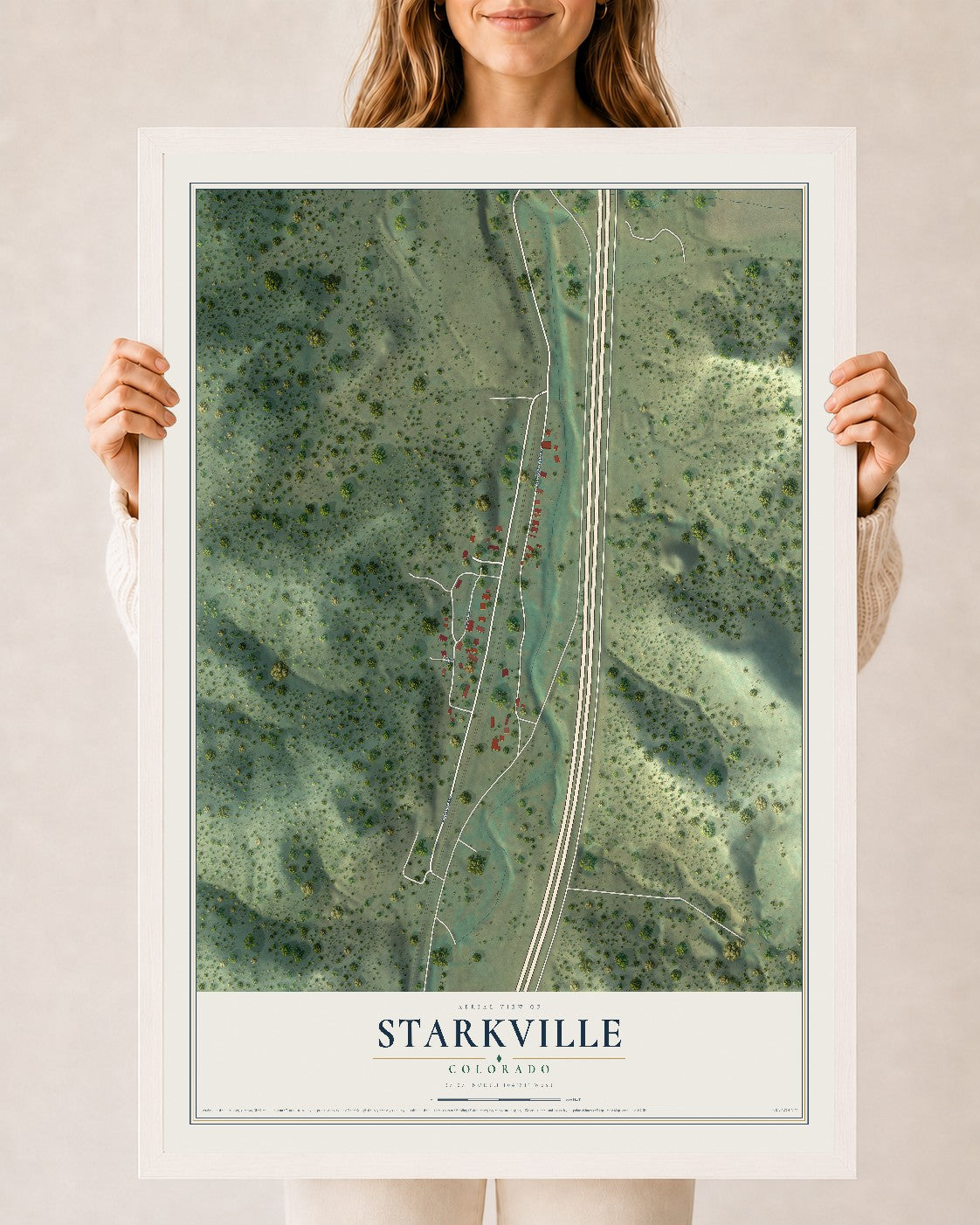 Map of Starkville, Colorado, 24 x 36 inch print in a white wood frame