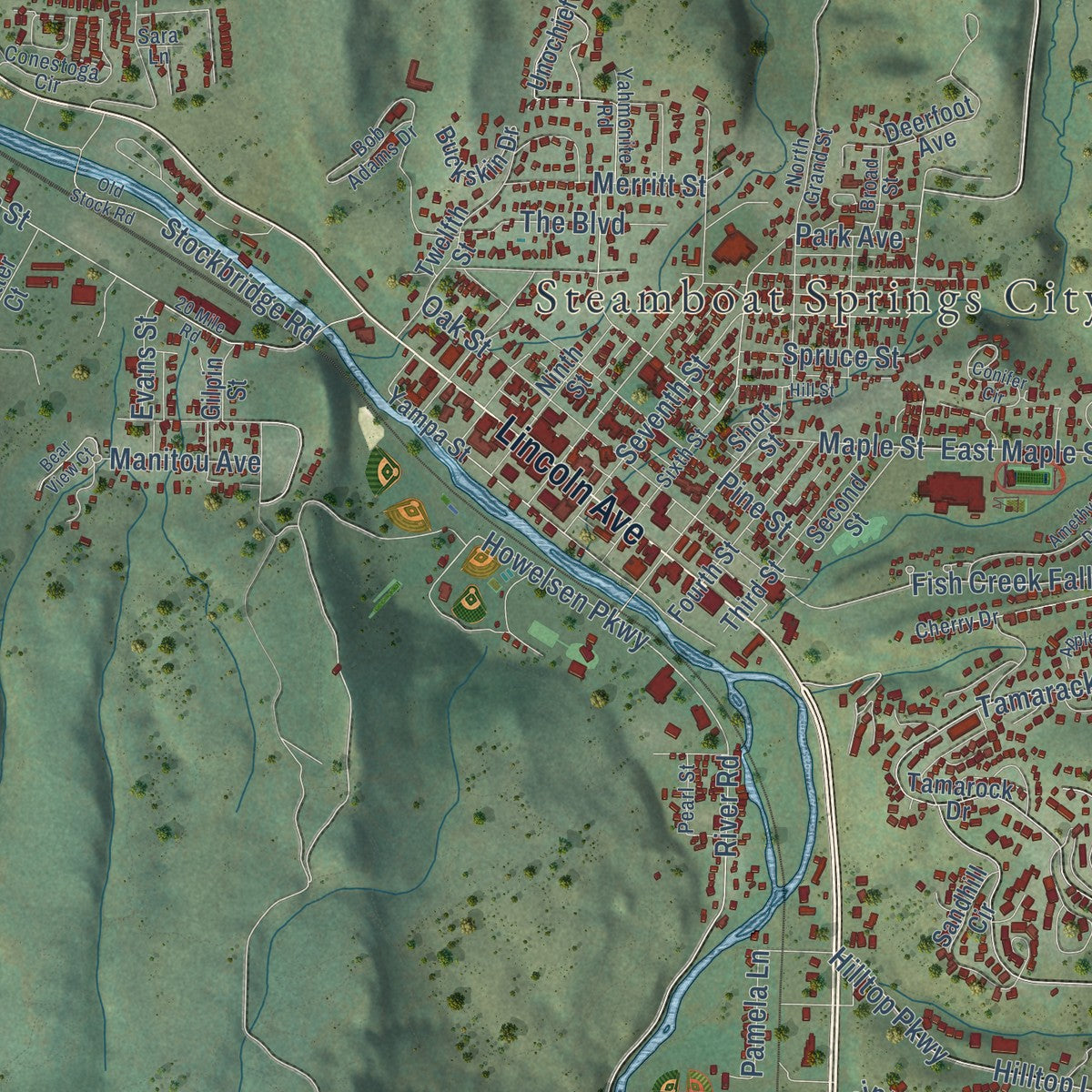 Close-up of the map of Steamboat Springs, Colorado print showing street and building detail
