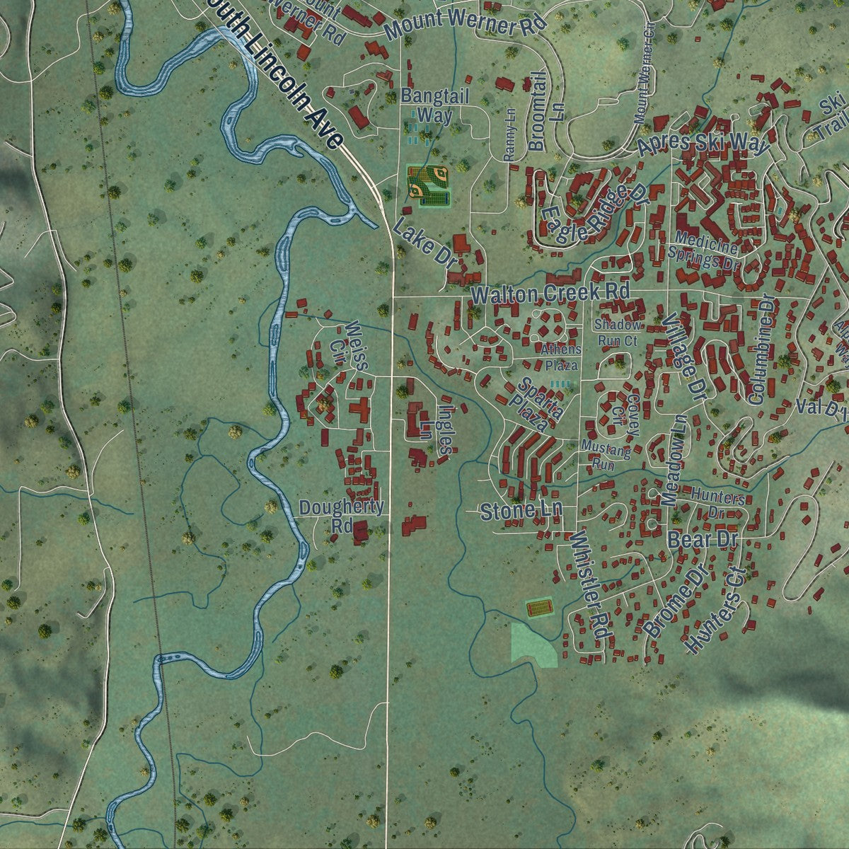 Second close-up of the map of Steamboat Springs, Colorado print showing more streets and buildings
