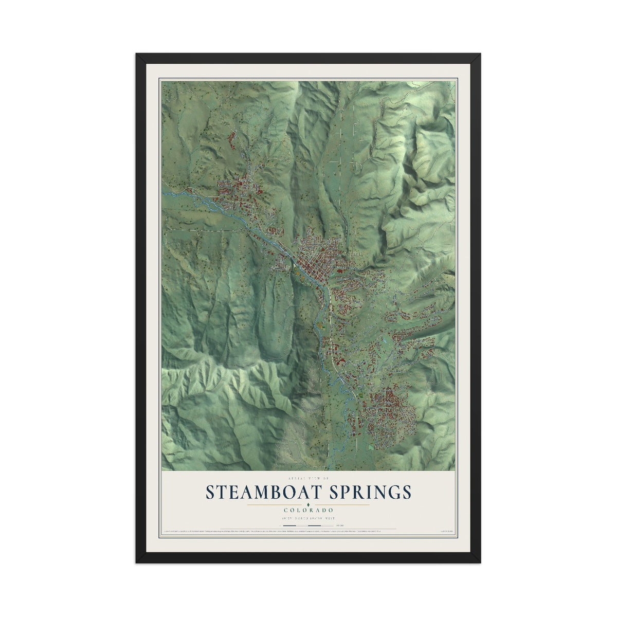 Map of Steamboat Springs, Colorado, 12 x 18 inch print in a black wood frame