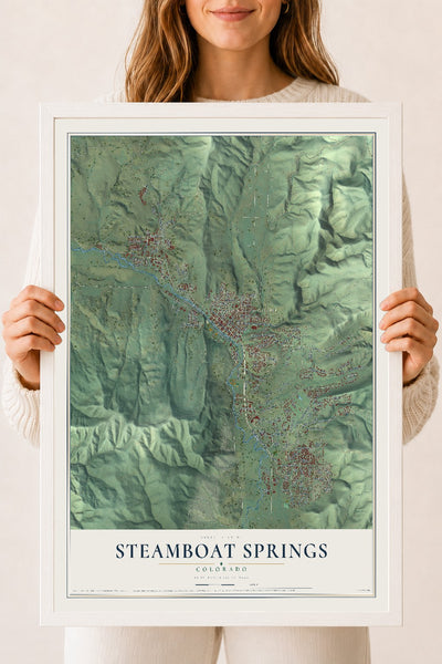 Map of Steamboat Springs, Colorado, 18 x 24 inch print in a white wood frame