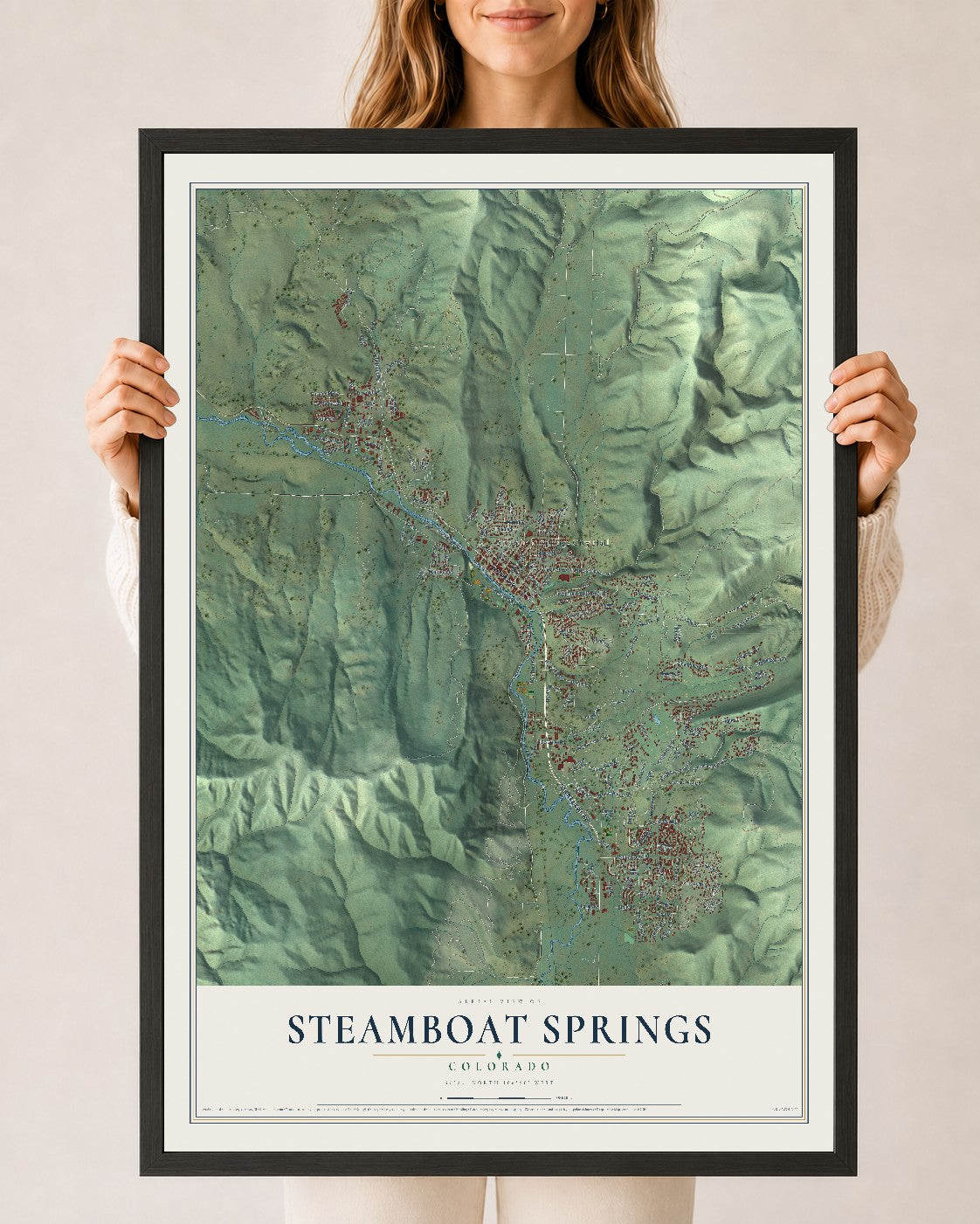 Map of Steamboat Springs, Colorado, 24 x 36 inch print in a black wood frame