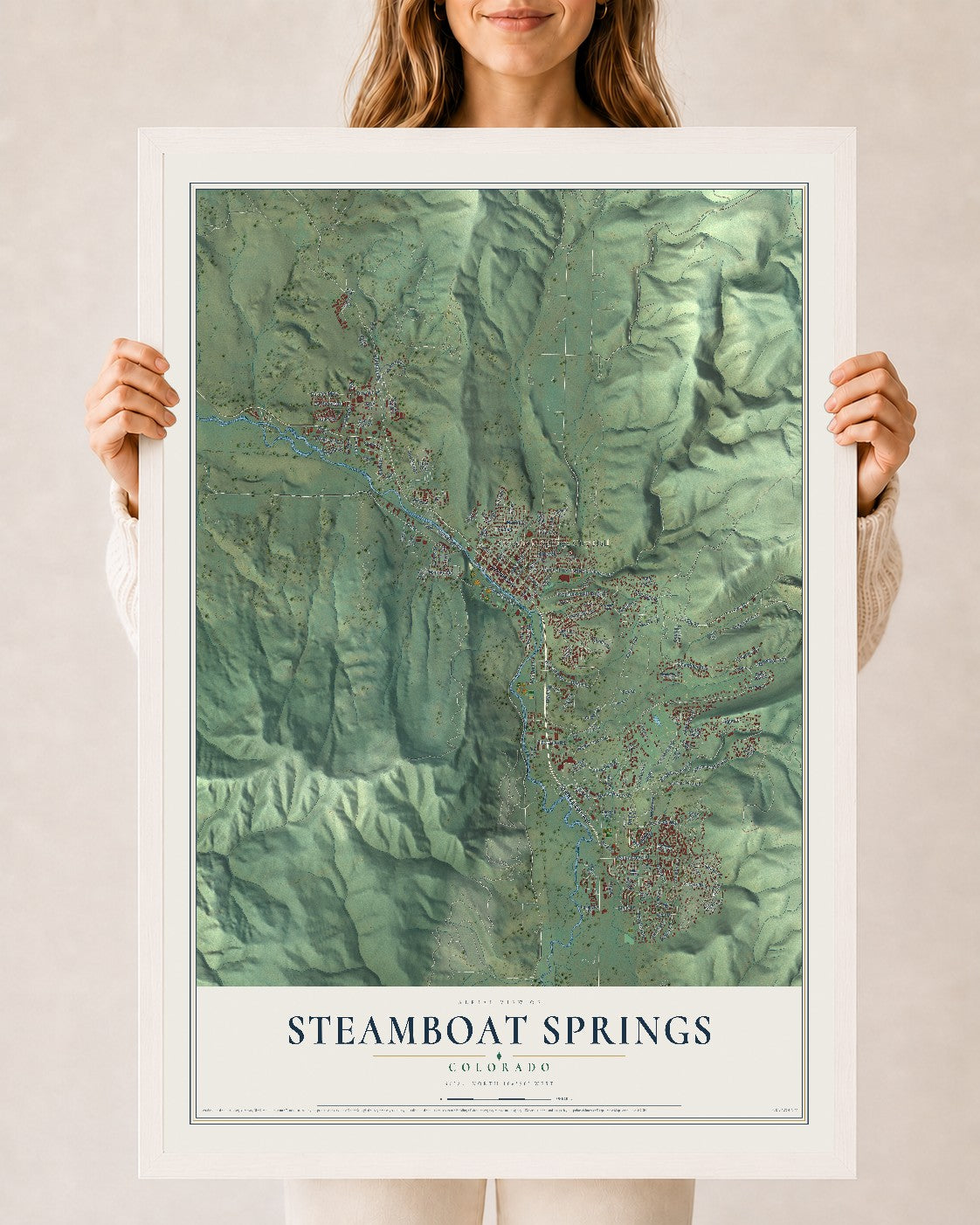Map of Steamboat Springs, Colorado, 24 x 36 inch print in a white wood frame