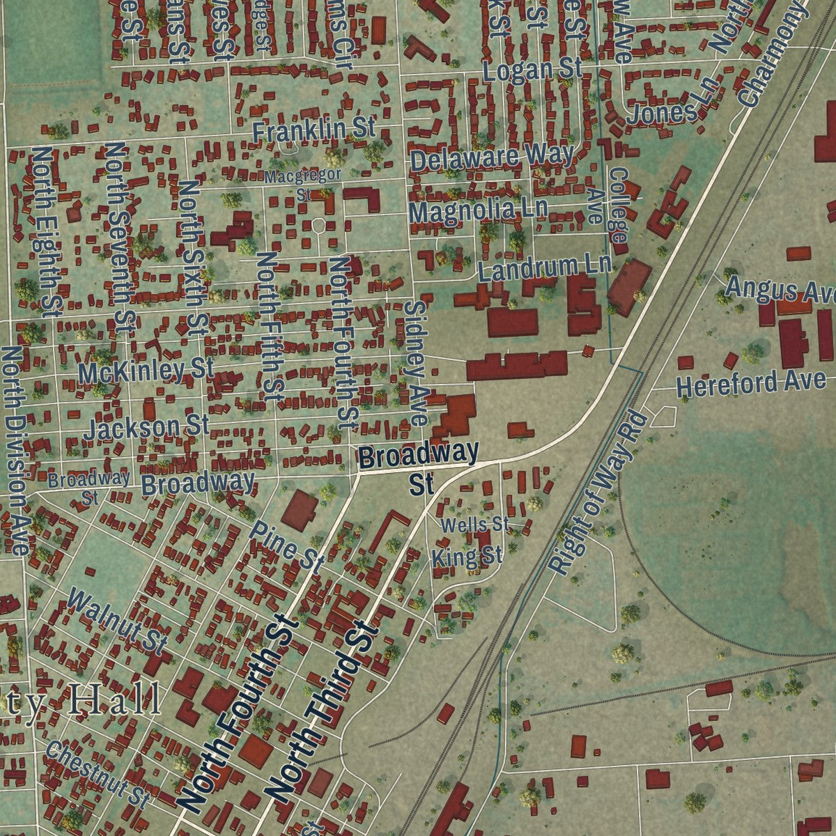 Close-up of the map of Sterling, Colorado print showing street and building detail