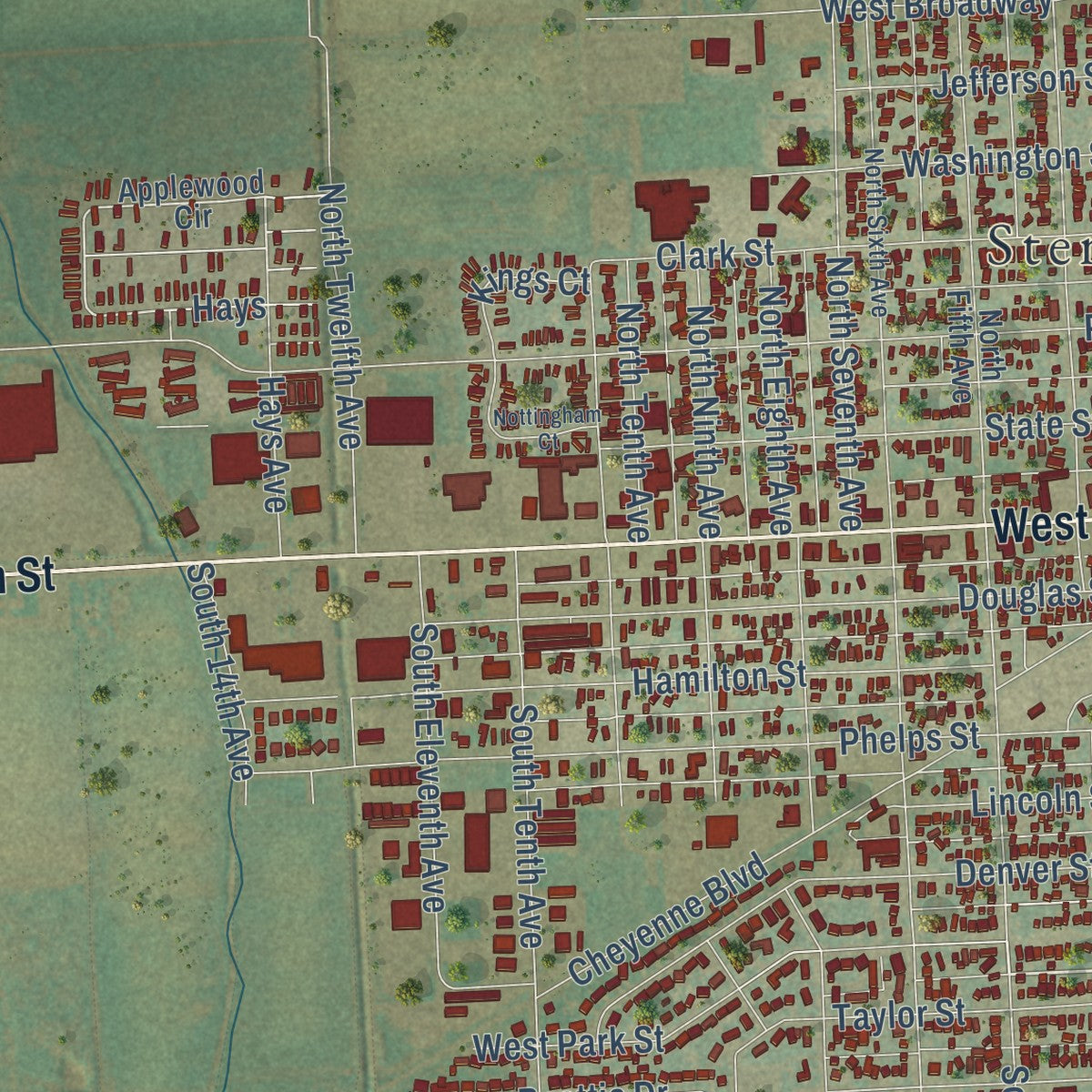 Second close-up of the map of Sterling, Colorado print showing more streets and buildings