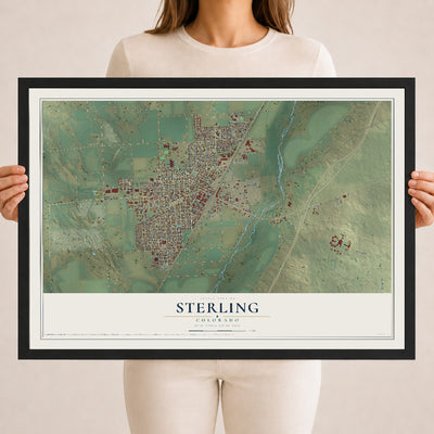 Map of Sterling, Colorado, 18 x 24 inch print in a black wood frame