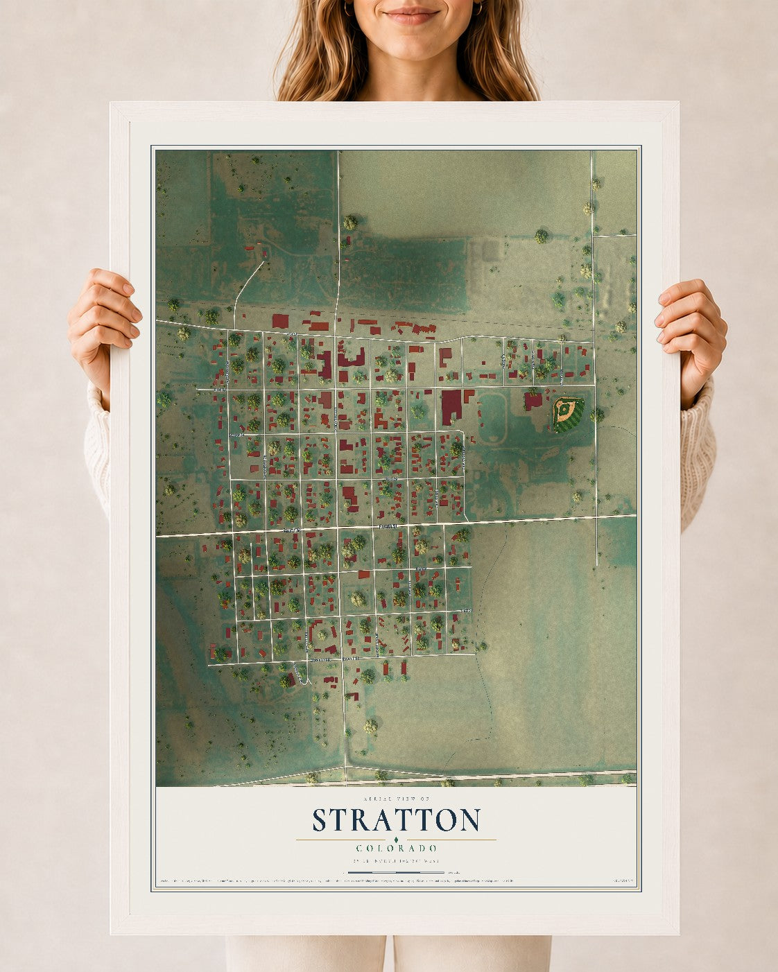 Map of Stratton, Colorado, 24 x 36 inch print in a white wood frame