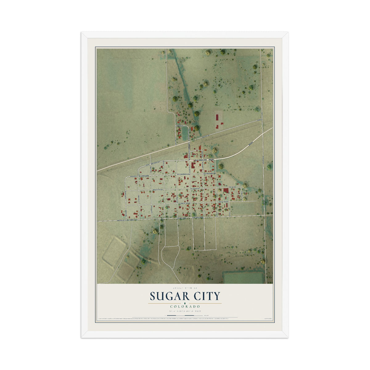 Map of Sugar City, Colorado, 12 x 18 inch print in a white wood frame